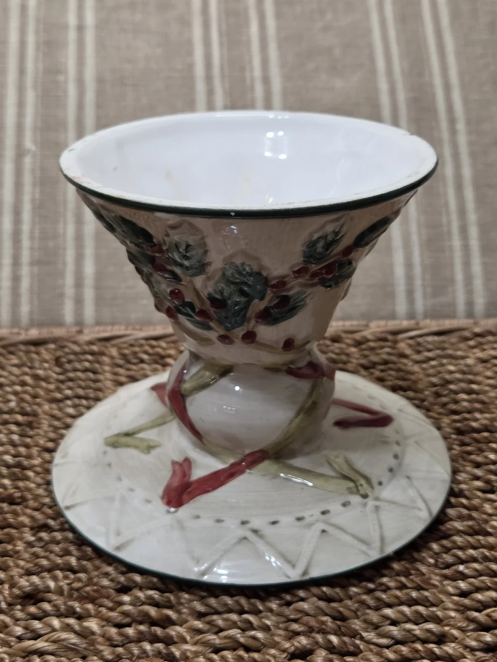Vintage Dessert Stand Holly Pattern Christmas Glossy Green Red